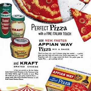 Advertisement for Kraft grated cheese and Appian Way pizza mix and sauce, from an American magazine, 1960