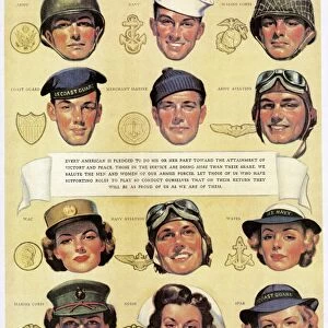 Advertisement by Pontiac and General Motors honoring the men and women in different branches of the armed forces during World War II