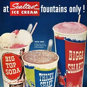 Advertisement for Sealtest ice cream sodas and shakes available at soda fountains, from an American magazine of 1955