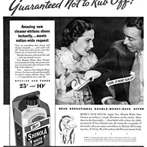 AD: SHOE CLEANER, 1936. American advertisement for Shinola White Shoe Cleaner. Photograph