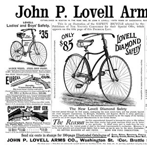 AD: SPORTING GOODS, 1890. American magazine advertisement for John P. Lovell Arms Co
