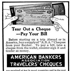 AD: TRAVELERS CHECKS. American magazine advertisement for American Bankers Association
