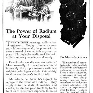 AD: UNDARK, 1921. American advertisement for Undark Radium Luminous Material. Illustration
