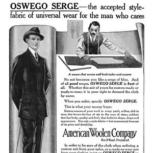 AD: WOOL, 1911. American magazine advertisement for Oswego Serge wool cloth for mens suits