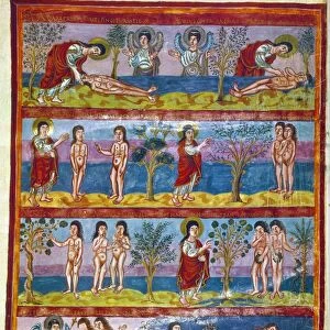 ADAM AND EVE. 9th CENTURY. The fall of Adam and Eve. Illumination from the Moutier-Grandval Bible, Tours, France, c825-850