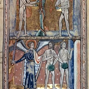 ADAM & EVE, c1215. Fall of Man, Expulsion from Paradise: illumination from an English Psalter, c1215