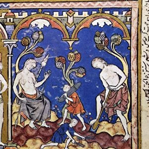 ADAM AND EVE. The Curse (Genesis 3: 16-19). French manuscript illumination, c1250