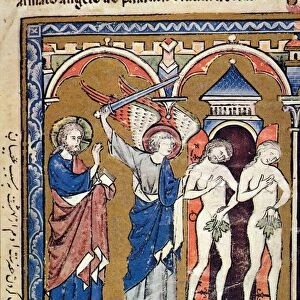 ADAM AND EVE. The Expulsion from Paradise (Genesis 3: 22-24): French manuscript illumination, c1250