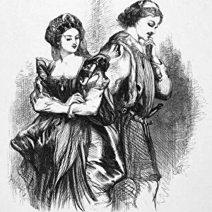 MUCH ADO ABOUT NOTHING. Beatrice and Benedick (Act I, Scene I) from William Shakespeares Much Ado About Nothing. Wood engraving, 19th century