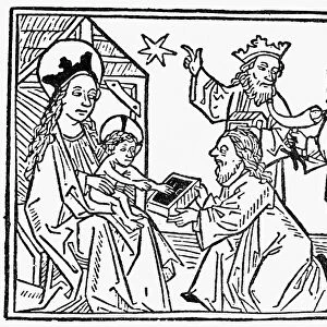ADORATION OF THE MAGI. English woodcut, c1500