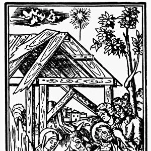 ADORATION OF THE MAGI. Woodcut from Decachordum Christianum, 1507