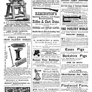 ADS: AGRICULTURE, 1873. American magazine advertisements for farm tools, rifles and livestock