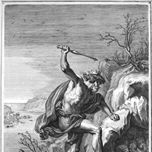 AEOLUS. Aeolus, ruler of the winds in Greek mythology, transforming Alcyone and Ceyx into halcyons. Copper engraving, 1731, by Bernard Picart
