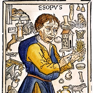 AESOP (620-560 B. C. ) surrounded by his creations in a woodcut from Augsburg