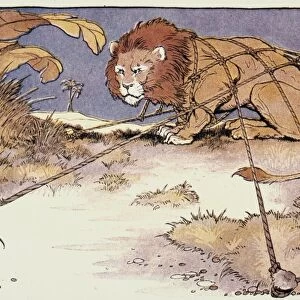 Aesops fable of The Lion and the Mouse. Watercolor by Milo Winter
