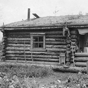 ALASKA: LOG CABIN. A small log cabin with a thatched roof in Alaska. Photograph