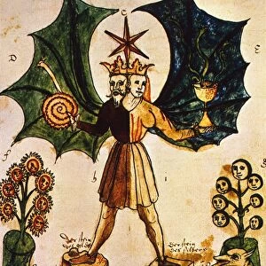 The alchemical doctrine of Two Contraries in an illumination from the 16th century ms. of Pandora: the king and queen, symbolizing male and female, sun and moon, day and night, are united in one body; the dragon is the unifying factor and the star represents the philosophers stone