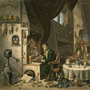 ALCHEMIST. Colored engraving after the painting by David Teniers the younger