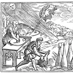 ALCHEMISTS. An alchemist placing curcubites in the sun while his assistant grinds