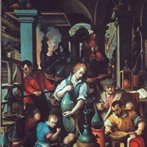THE ALCHEMISTS. By Jan van der Straet: oil on slate, 1570