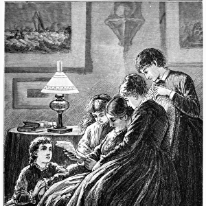 ALCOTT: LITTLE WOMEN. Meg, Jo, Beth and Amy March read a letter with their mother. Engraved illustration from the book, Little Women, by Louisa May Alcott, originally published in 1868