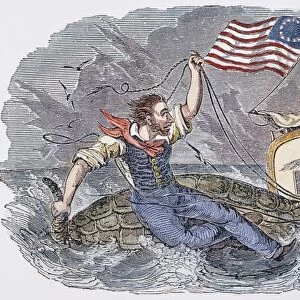 ALFRED BULLTOP STORMALONG The legendary American sailor Alfred Bulltop Stormalong riding a giant tortoise: wood engraving, 1844