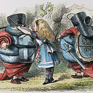 Alice helps Tweedledum and Tweedledee prepare for battle. Wood engraving after Sir John Tenniel for the first edition of Lewis Carrolls Through the Looking Glass, 1872