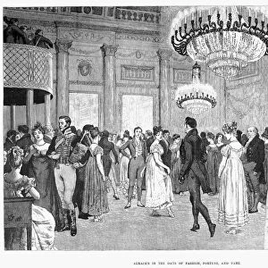 ALMACKs CLUB, c1815. Member of English high society in the ballroom of Almacks Assembly Rooms in London, England, during the Regency. Line engraving, 1890