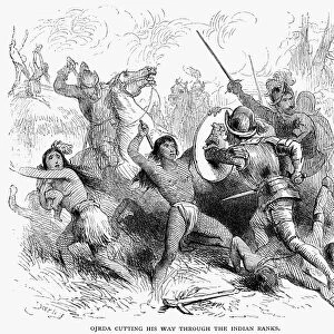 ALONSO de OJEDA (1465?-1515). Spanish explorer. Ojeda and his men battling natives on one of their many expeditions in the West Indies. Wood engraving, American, 19th century
