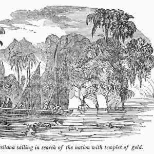 AMAZON EXPEDITION, 1541. Fracisco de Orellanas expedition down the Amazon River in search of gold, 1541. Wood engraving, American, 1848