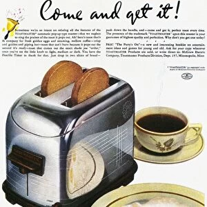 American advertisement, 1938, for the Toastmaster automatic pop-up toaster