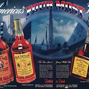 American advertisement for Old Grand-Dad, Old Taylor, Mount Vernon, and Old Overholt whiskeys, 1939