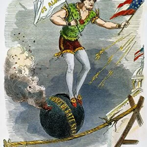 American cartoon of 1861, shortly after the Confederate attack on Fort Sumter, depicting Jefferson Davis as a circus acrobat in a delicate balancing act