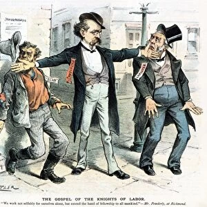 American cartoon, 1886, by Joseph Keppler, showing Terence V. Powderly giving the back of his hand to a scab and to an employer