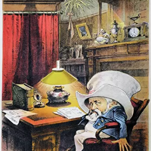 An American cartoon of 1892 by Joseph Keppler showing Secretary of State James G. Blaine (as Poes Raven) saying Nevermore to a second term for President Benjamin Harrison who sinks under the beaver hat of his grandfather, William Henry Harrison