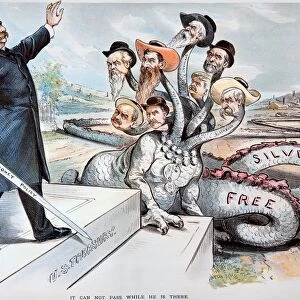 American cartoon, 1895, by Louis Dalrymple of President Grover Cleveland defying the Congressional silver bugs of the hydra-headed Free Silver movement