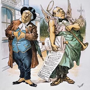 American cartoon by Bernard Gillam, 1892, of John Wanamaker and Grover Cleveland as rivals for sanctimonius sainthood in their respective political parties