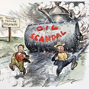 American cartoon by Clifford K. Berryman, 1924, showing Washington officials racing down an oil slicked road to the White House, trying desperately to outpace the Teapot Dome scandal