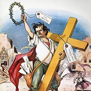 American cartoon by Grant Hamilton, 1896, on William Jennings Bryans Cross of Gold speech at the Democratic National Convention in Chicago, which won Bryan the presidential nomination