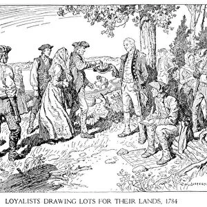 American loyalists drawing lots for their land after arriving in Canada after the end of the American Revolution. Pen-and-ink drawing by Charles W. Jefferys