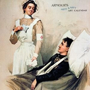 American meatpackers calendar page, 1899, showing a Red Cross nurse comforting a much decorated soldier with a letter from home just after the Spanish-American War. Ironically, more casualties resulted from disease and embalmed-beef than from battle