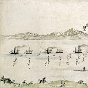 American naval vessels anchored in the harbor at Uraga, Japan at the time of Commodore Matthew C. Perrys expedition. Color drawing, Japanese, 1854