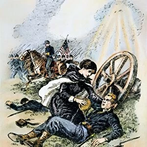 American nurse and founder of the American Red Cross. Barton on the battlefield nursing a wounded Union soldier during the American Civil War