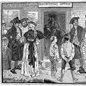 American privateers gathered outside an American Revolutionary War recruiting office at New London, Connecticut, c1778. Wood engraving, American, 1879, after Howard Pyle