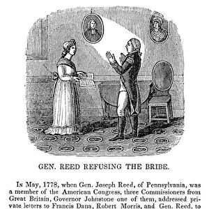 American Revolutionary commander and statesman. General Reed in 1778 refusing a British bribe to compromise Americas independence. Wood engraving, American, c1815