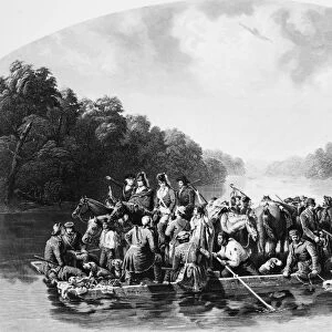 American Revolutionary soldier. Marion and his men crossing the Pee Dee River to harass the British in South Carolina during the American Revolutionary War. Steel engraving, 1851, after a painting by William Tylee Ranney