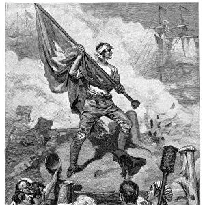 American Revolutionary War hero. Sergeant Jasper at the Battle of Fort Moultrie, Sullivans Island, South Carolina, 1776. Wood engraving, 1883, after an illustration by Howard Pyle