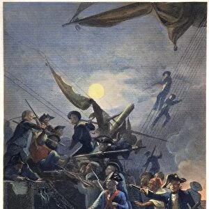 American (Scottish-born) naval officer. Jones capturing the HMS Serapis, 23 September 1779. Steel engraving, American, 19th century, after a painting by Alonzo Chappel