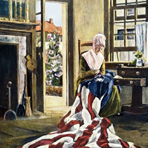American seamstress and patriot. Betsy Ross making the first American flag. Drawing by Elisabeth Moore Hallowell