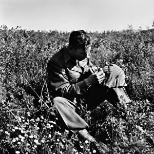 An American soldier in a field in Italy putting flowers in his helmet on Easter Sunday, 1945, near the end of World War II. Photographed by Toni Frissell